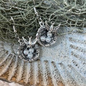 Birds Nest w/Faux Pearls Sweet Sparrow Silver Dangle Earrings
